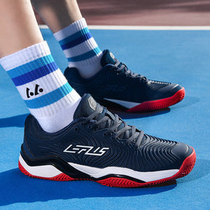 Breathable tennis and badminton sports shoes in Blue Orange, Dark Blue, and White Blue colors