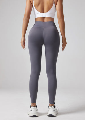 Women's V-waist elastic sports leggings in black, gray, and army green colors