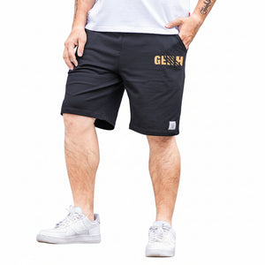Men's black summer elastic straight casual shorts with multi-pocket design