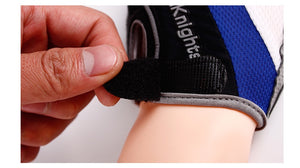 Summer half finger riding gloves in pampas storm blue color showing breathable mesh and microfiber materials