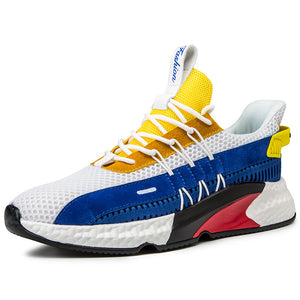 Lightweight men's walking trainers in white yellow, white red, and black blue color options
