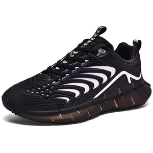 Glow-in-the-dark men's trainers in green, black, white, and red with mesh vamp and TPU sole