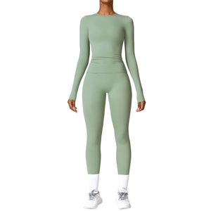 Women's quick-dry brushed yoga set with long sleeve top and high waist leggings in various colors