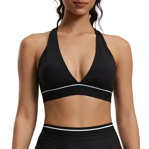 Women's tight yoga sports bra with deep V neck and stylish back design in multiple colors