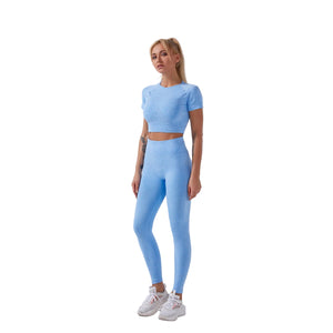Seamless women's fitness yoga set in multiple colors including grey, pink, and blue