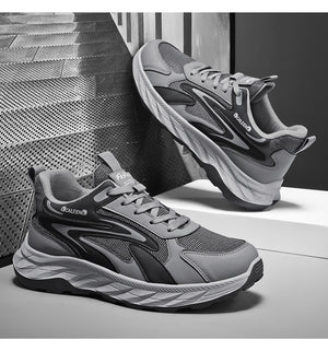 Men's black and gray soft sole anti-slip walking shoes with mesh upper
