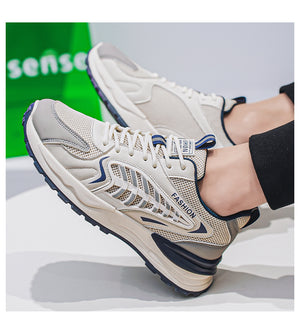 Men's breathable mesh sports sneakers in beige and gray with thick rubber sole