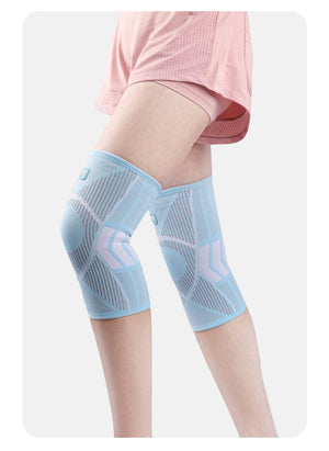Knee compression sleeves in blue, pink, and black colors