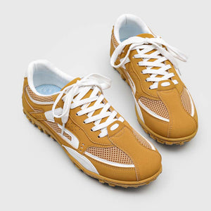 Men's low profile running trainers in blue, yellow, and black with nubuck suede upper