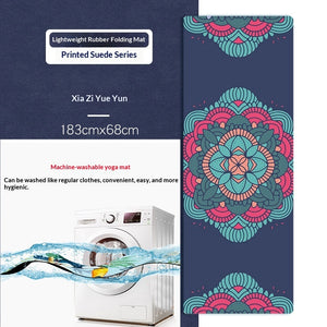 Portable foldable yoga mat with botanical and floral designs in soft suede