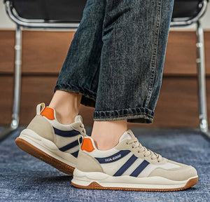 Men's wide toe Cortez-style sneakers in beige orange and black khaki with rubber outsole