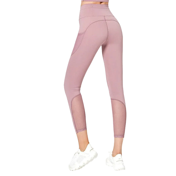 Breathable elastic mesh women's gym pants with pockets in multiple colors