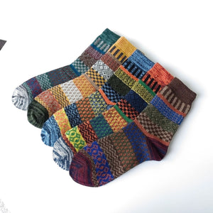 Vintage ethnic-style men's wool winter socks in assorted color block patterns