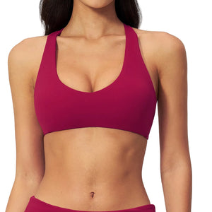 Womens sporty wire-free nylon bra with crisscross back in multiple colors