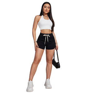 Plus size black A-line drawstring denim shorts for women