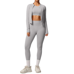 Breathable form-fitting women's workout three-piece activewear set in various colors