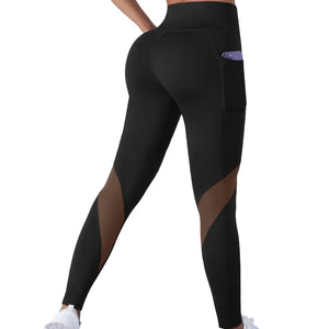 Black mesh stitching yoga cropped sports leggings with peach-hip contouring