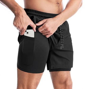 Men's quick-dry double-layer sports shorts in various colors and sizes
