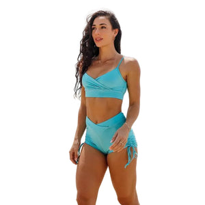 Women's yoga fitness two-piece set in pink, black, and blue colors