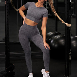Seamless yoga sport set with short sleeve top and leggings in multiple colors