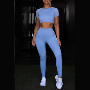 Seamless yoga sport set with short sleeve top and leggings in multiple colors