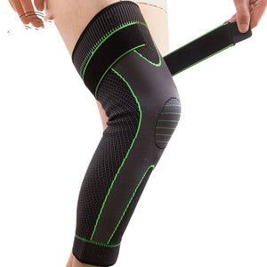 Long straps knee pads in green and black colors showing non-slip sports protection design