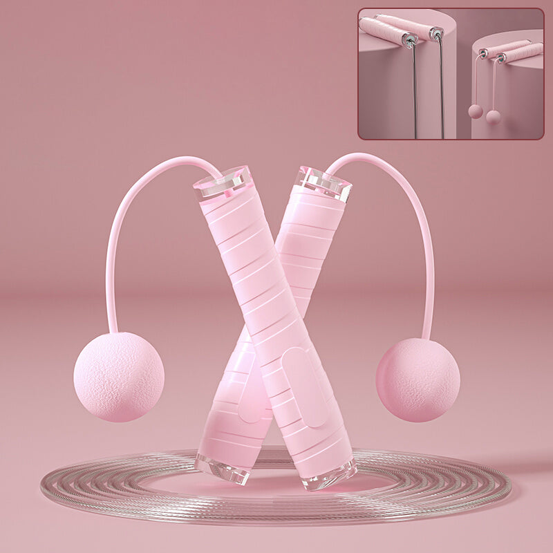Dual purpose skipping rope with cordless ball in pink, black, and blue colors
