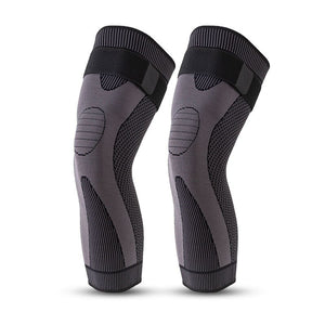 Long straps knee pads in green and black colors showing non-slip sports protection design