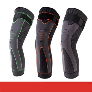 Long straps knee pads in green and black colors showing non-slip sports protection design