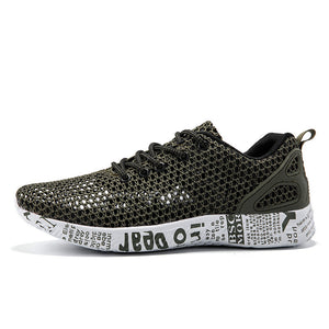 Breathable mesh men's casual sneakers in black, grey, and dark green