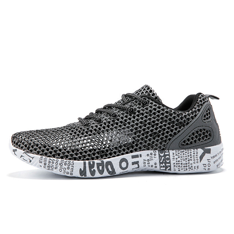 Breathable mesh men's casual sneakers in black, grey, and dark green