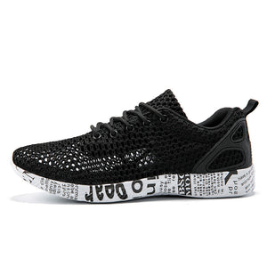 Breathable mesh men's casual sneakers in black, grey, and dark green