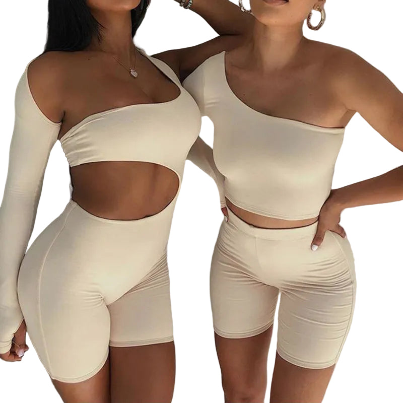 Women's off shoulder fitness yoga set with top and shorts in khaki and black