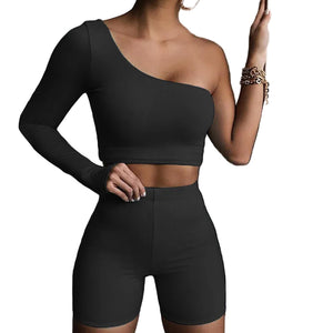 Women's off shoulder fitness yoga set with top and shorts in khaki and black