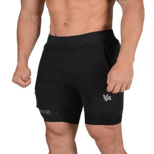 Men's quick-drying double-layer shorts in black, navy blue, light grey, and dark grey colors
