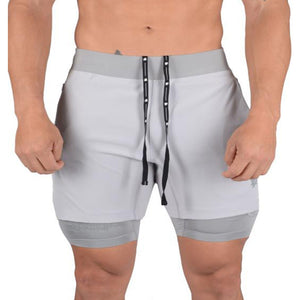 Men's quick-drying double-layer shorts in black, navy blue, light grey, and dark grey colors