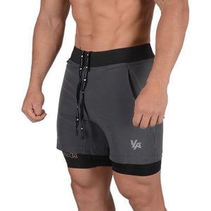 Men's quick-drying double-layer shorts in black, navy blue, light grey, and dark grey colors