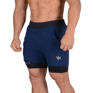Men's quick-drying double-layer shorts in black, navy blue, light grey, and dark grey colors