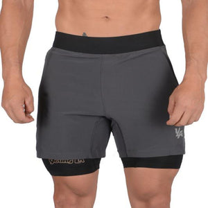 Men's quick-drying double-layer shorts in black, navy blue, light grey, and dark grey colors