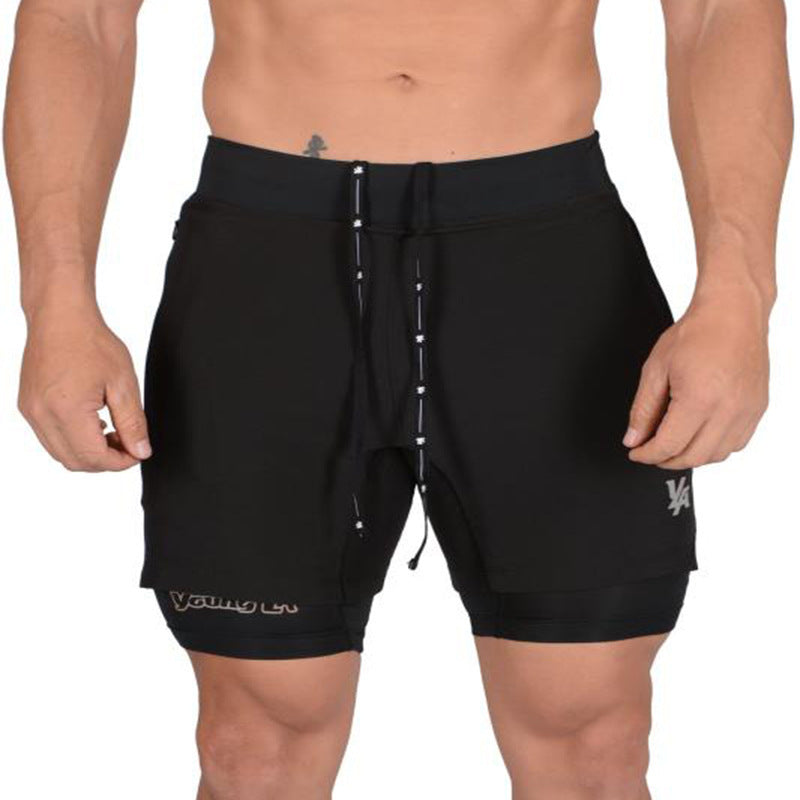Men's quick-drying double-layer shorts in black, navy blue, light grey, and dark grey colors
