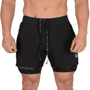 Men's quick-drying double-layer shorts in black, navy blue, light grey, and dark grey colors