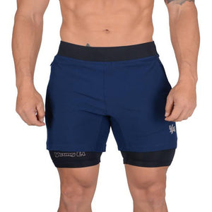 Men's quick-drying double-layer shorts in black, navy blue, light grey, and dark grey colors