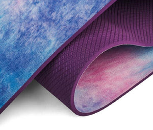 Tie-dyed TPE yoga mat in Symphony Purple and Symphony Powder colors