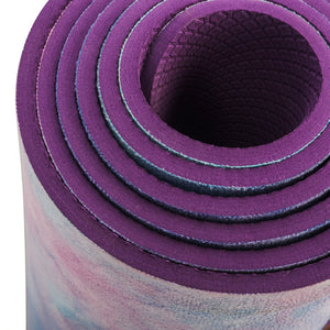 Tie-dyed TPE yoga mat in Symphony Purple and Symphony Powder colors