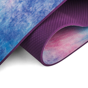Tie-dyed TPE yoga mat in Symphony Purple and Symphony Powder colors
