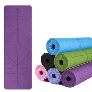 Two-color 6mm TPE yoga mat with posture alignment lines in multiple colors and sizes