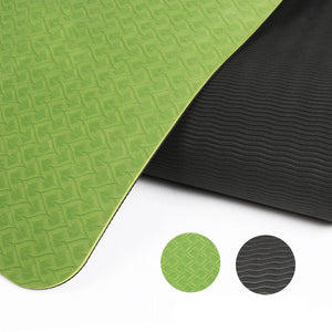Two-color 6mm TPE yoga mat with posture alignment lines in multiple colors and sizes