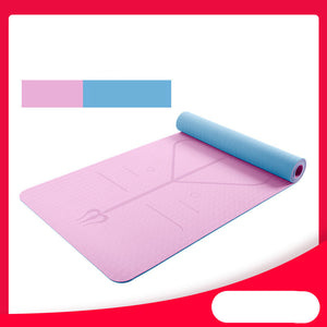 Two-color 6mm TPE yoga mat with posture alignment lines in multiple colors and sizes
