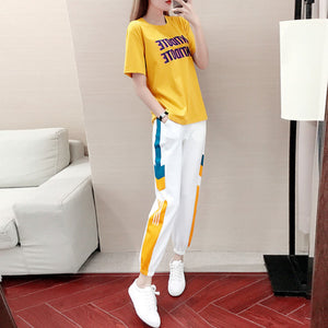 Women's summer Korean style loose two piece sports set in white and black