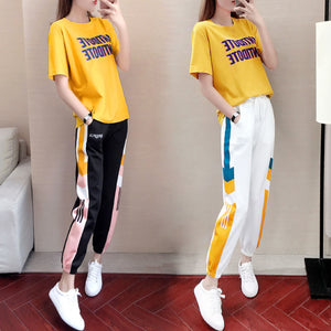 Women's summer Korean style loose two piece sports set in white and black